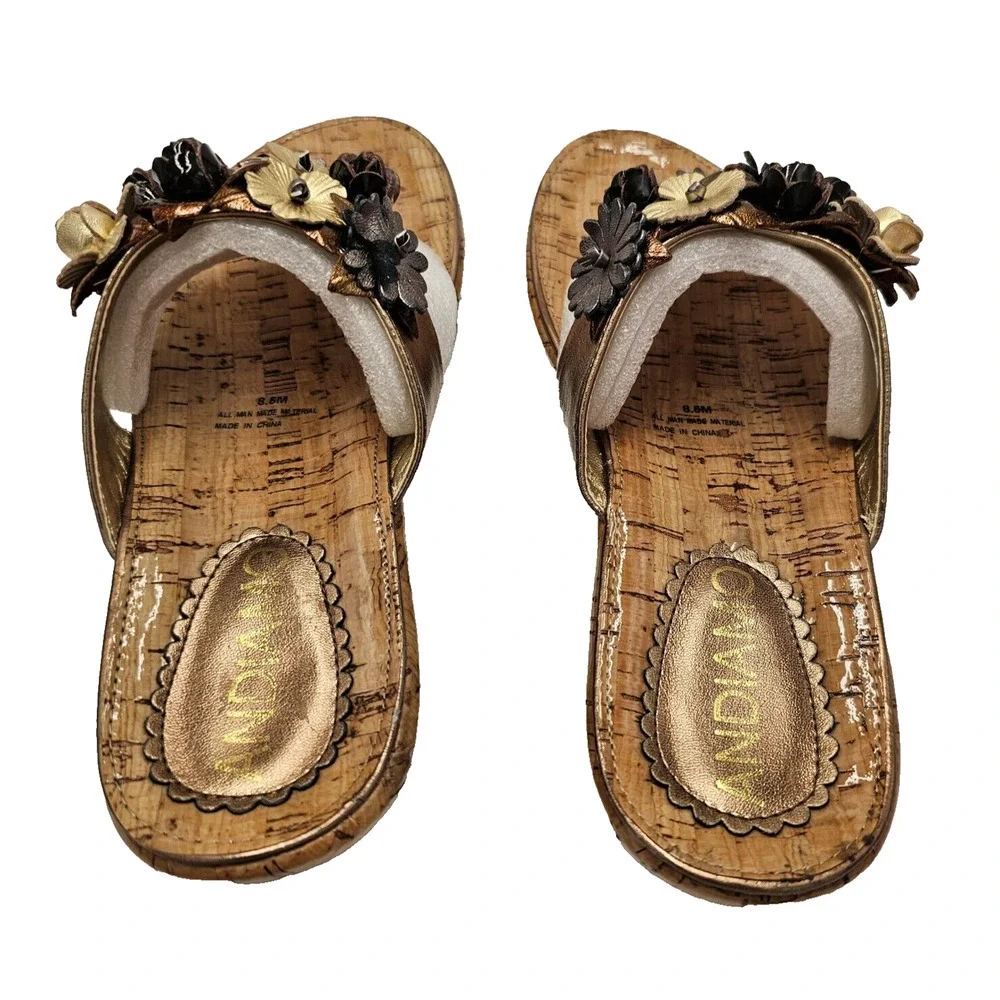 Andiamo Sandals Women Sz 8.5 Slide New Floral Bronze Black Cork Look Metallic - Picture 6 of 11
